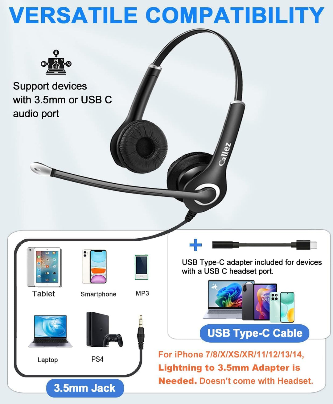 Callez Headset PC 3,5mm Klinke mit Mikrofon Noise Cancelling, On-Ear Stereo Kopfhörer Handy für Lapt