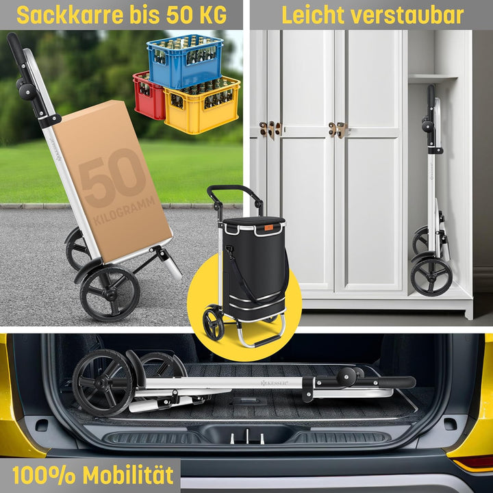 KESSER® Einkaufstrolley klappbar mit 56L Kapazität und belastbar bis 50kg | 3in1 Trolley Sackkarre &