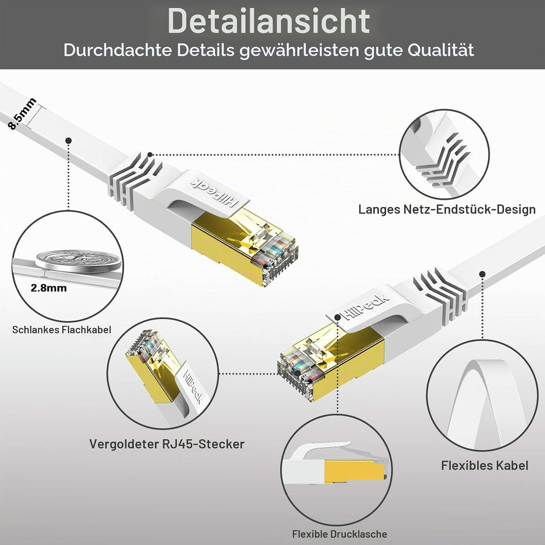 HiiPeak Cat 8 Netzwerkkabel 40 Gbits - 10m - Weisse Flache Ausgabe - LAN Kabel Patchkabel RJ45 - CAT