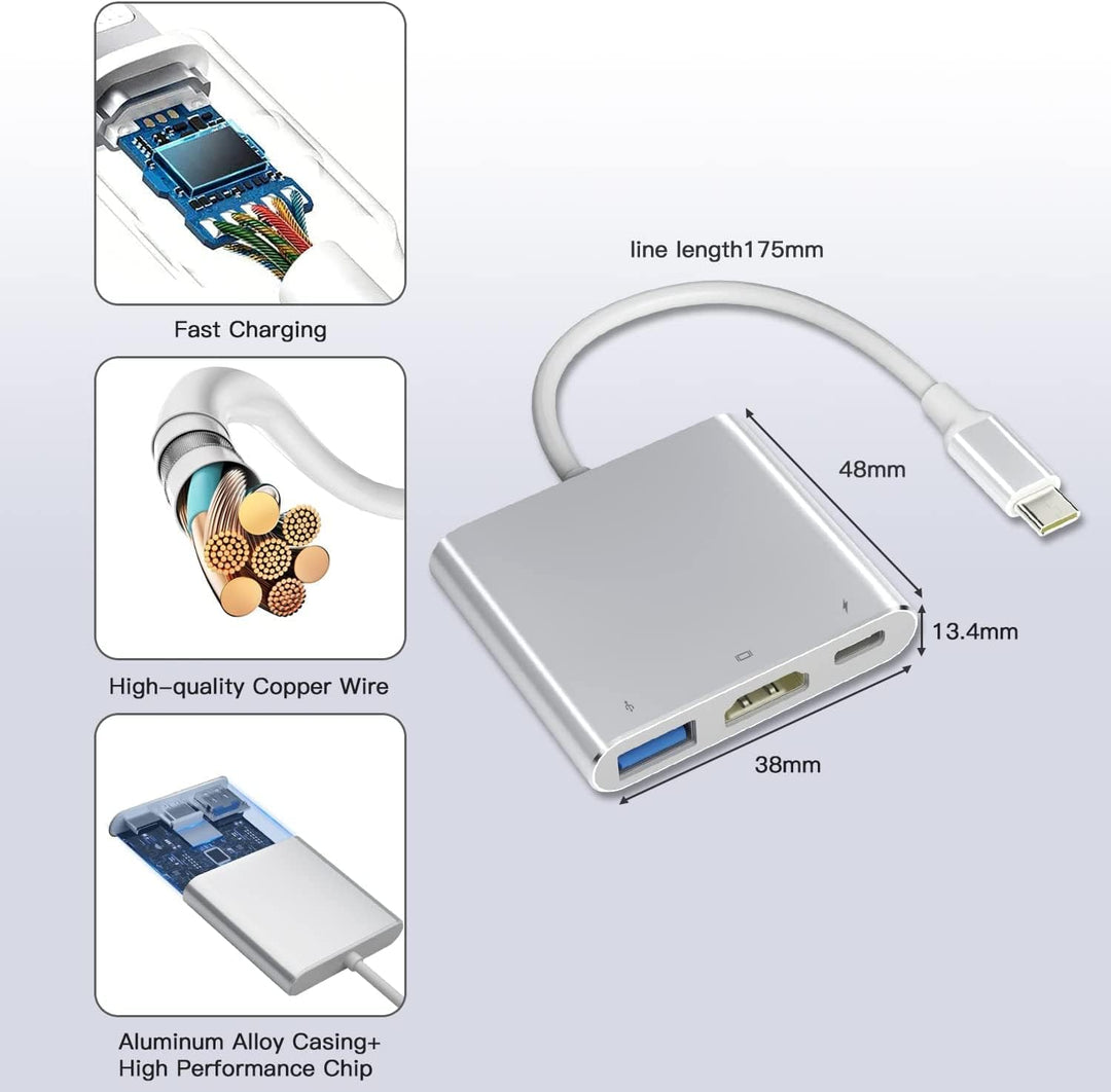 VVG USB C to 4K HD.MI Adapter für MacBook Pro/Air, 3 in 1 USB-C Digital AV Multiport Adapt mit 4K 30