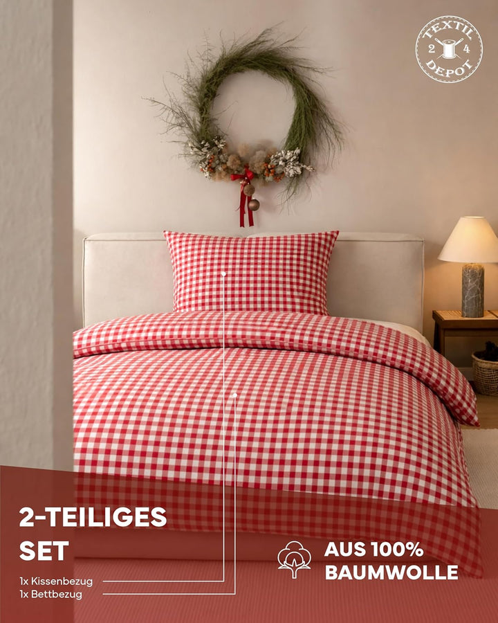 texpot Landhaus Bettwäsche Rot Kariert mit Hotel (Garnitur 135 x 200 cm + 80 x 40 cm), Garnitur 135