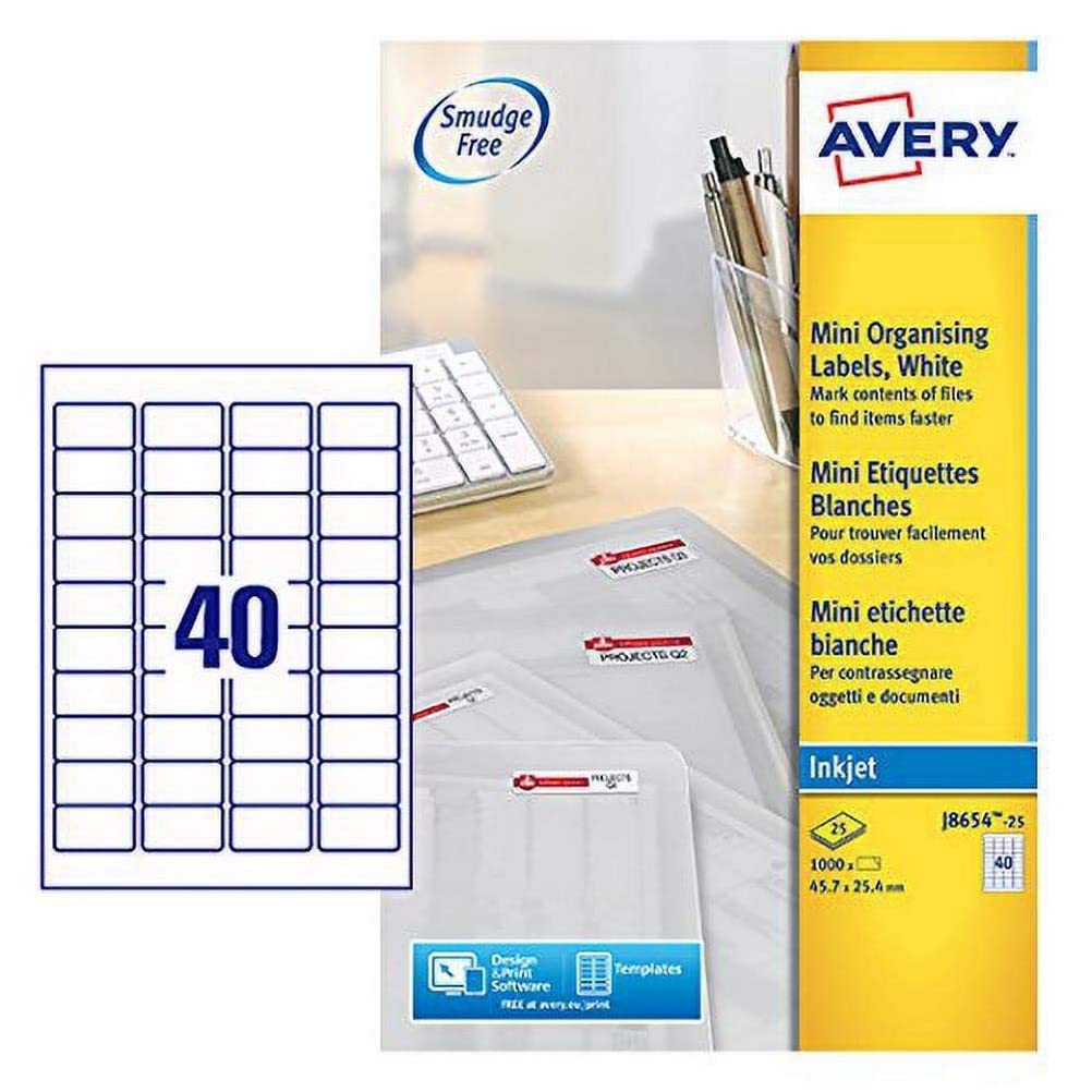 Avery J8654-25 Mini-Etiketten für Tintenstrahldrucker (40 pro Blatt, 45,7 x 25,4 mm) 1000 Etiketten