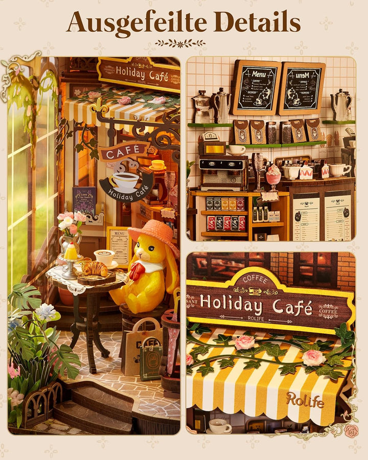 Rolife Book Nook Kit für Erwachsene Miniatur Haus Selber Bauen mit Licht Holiday Café Booknook Bausa