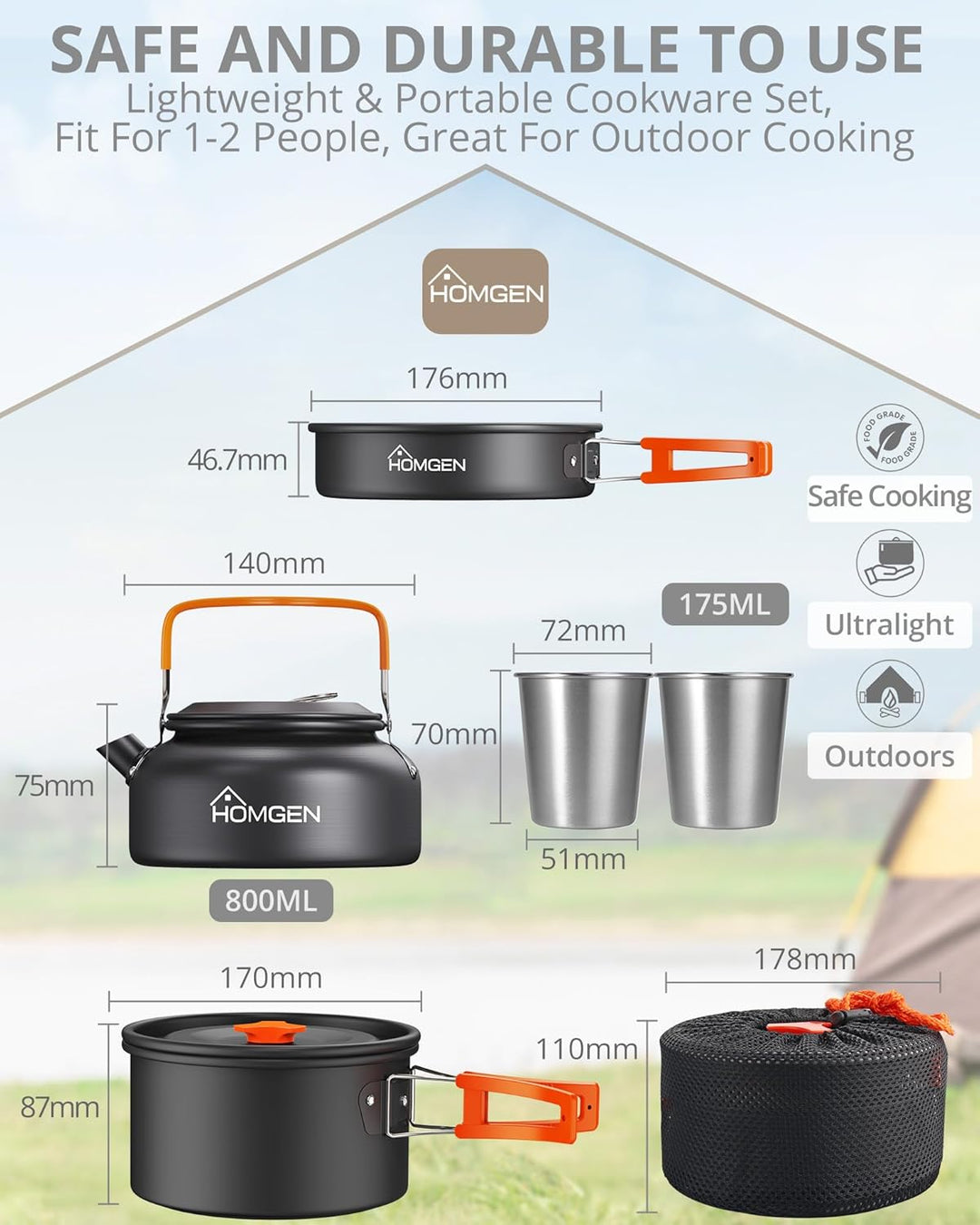 HOMGEN Portable Camping Cooking Set Camping Pots and Pans Set Aluminium Camping Cookware Kit Lightwe