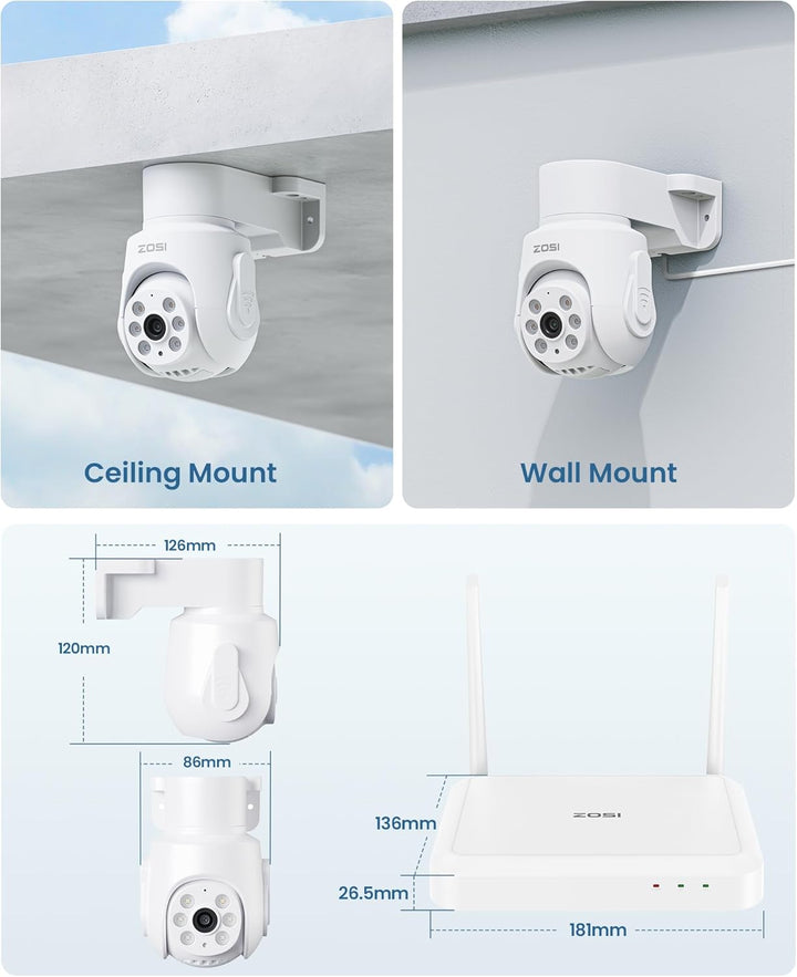 ZOSI 3K 5MP Wi-Fi 6 Überwachungskamera Set mit 2X 360° PTZ WLAN Kamera Aussen, 64GB Karte, Personenv