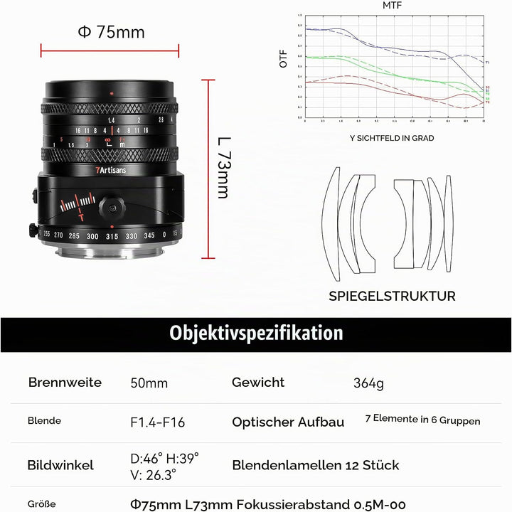 7artisans 50mm F1,4 Tilt-Shift-Objektiv mit APS-C-Rahmen und 2-in-1-Kompatibilität für spiegellose F