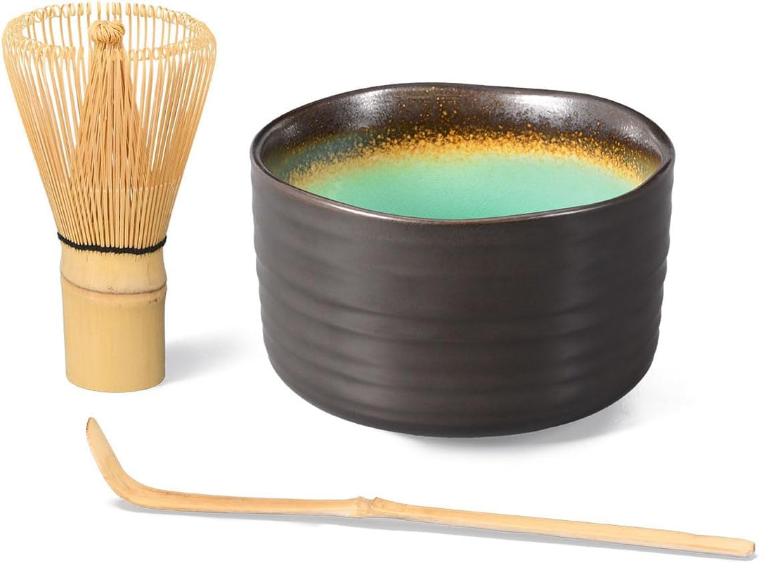 Matcha-Set 3-teilig, anthrazit/türkis, bestehend aus Matcha-Schale, Matcha-löffel und Matcha-Besen (