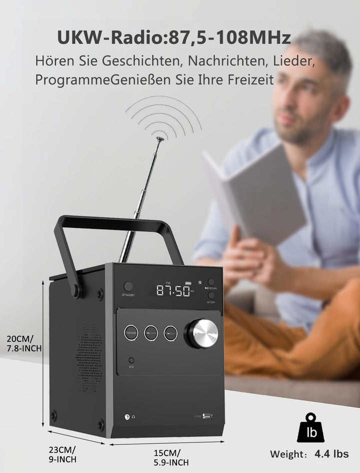 Tragbarer CD-Player Boombox 20W für Draussen, Eingebaute wiederaufladbare Batterie, FM Radio/Bluetoo