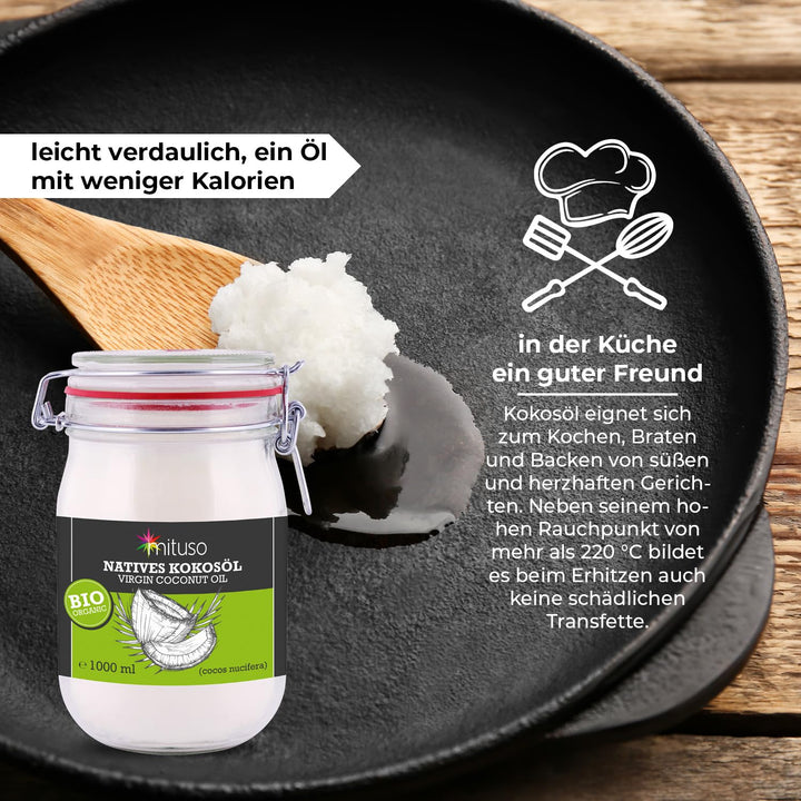 mituso Bio Kokosöl, nativ, 2er Pack (2 x 1000 ml) im Bügelglas