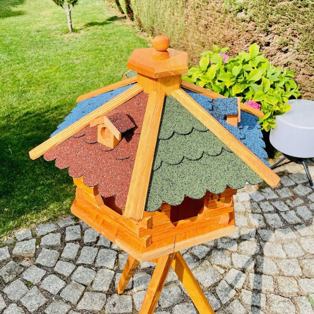 handgefertigtes Sechseck Vogelhaus aus Holz wetterfest M - XL mit und ohne Ständer, Futterhaus, Futt