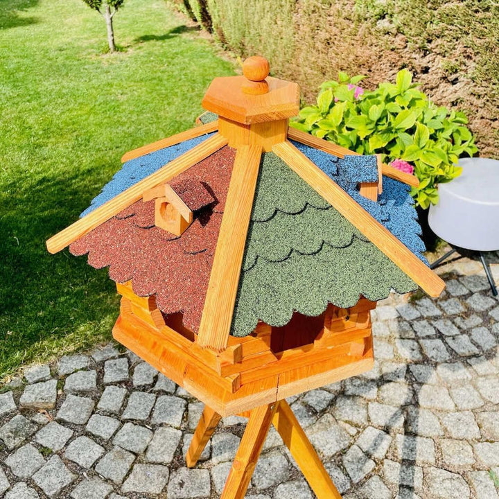handgefertigtes Sechseck Vogelhaus aus Holz wetterfest M - XL mit und ohne Ständer, Futterhaus, Futt