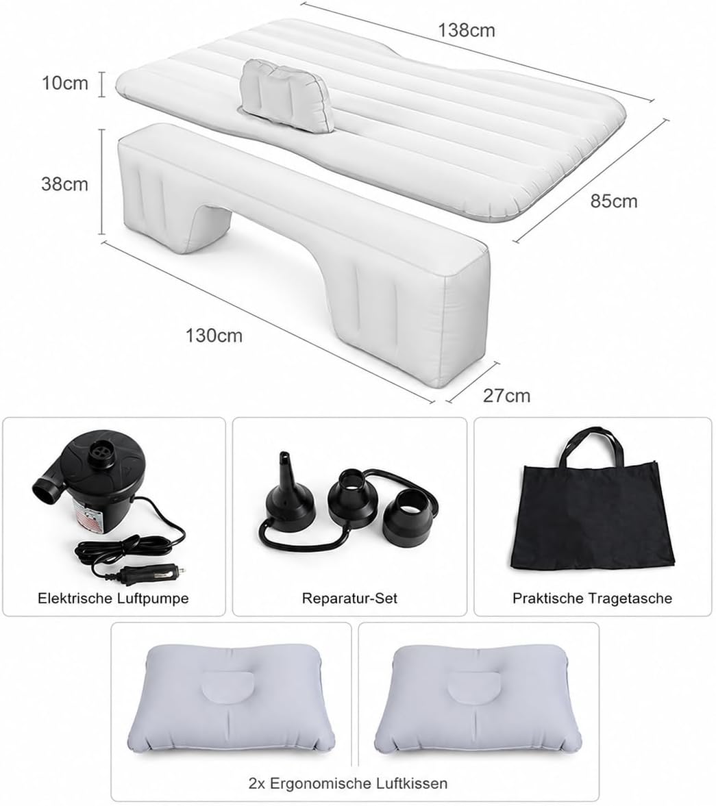 Auto Luftmatratze 138x85cm Aufblasbare Matratze für Rücksitz &amp; Kofferraum, Tragbares Auto Reisebett