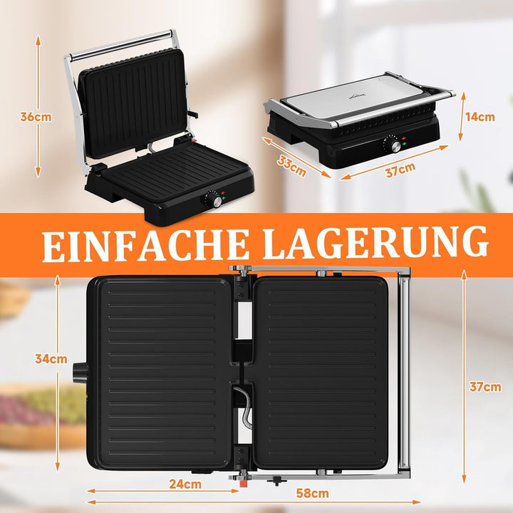 HOMELUX Kontaktgrill 2200W Panini Grill Sandwichmaker für Sandwiches, Steakmit 34x23cm Antihaftplatt