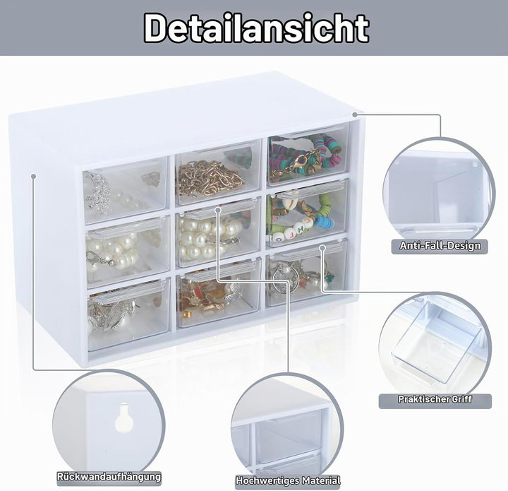 2 Stück Bastelbox Aufbewahrung mit 9 Schubladen - Mini Schubladen Organizer, 18×11.8×10 cm, zum Aufh