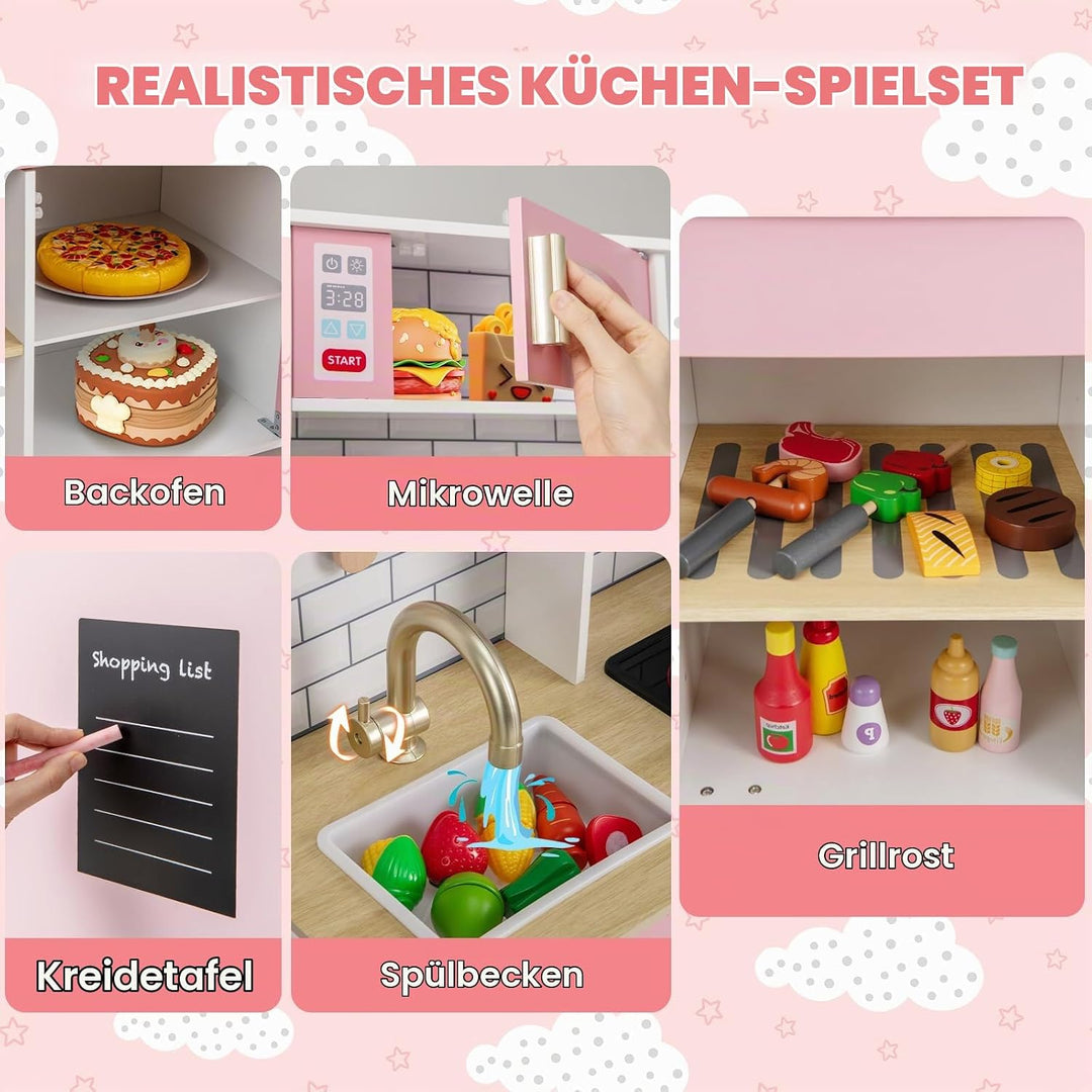 HOMASIS Spielküche mit 10 Zubehör, Kinderküche mit Spüle Herd Dunstabzugshaube Ofen Mikrowelle Tafel