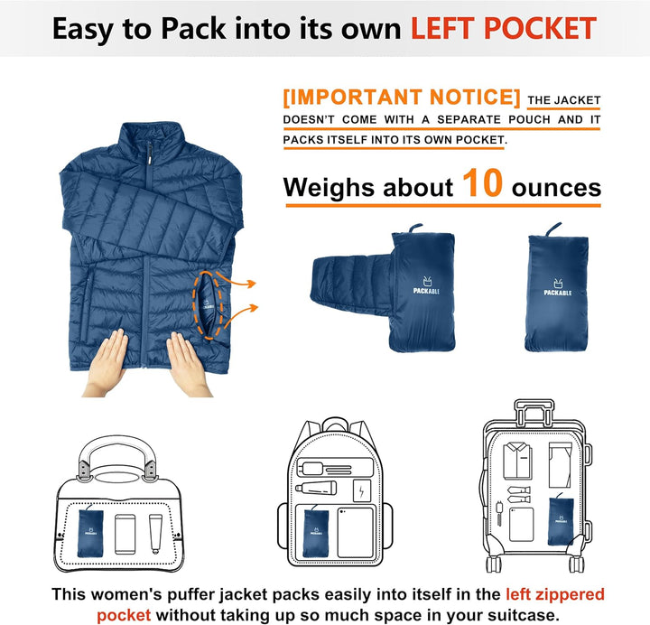 Outdoor Ventures Damen Steppjacke Leichte Warme Packbare Übergangsjacke Puffer Jacke für Frauen Gefü