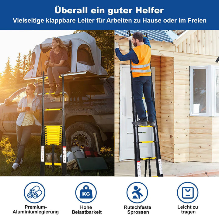Joparri Aluminium Teleskopleiter 3.8M, Ausziehbare Leiter mit Stabilisator und Abnehmbaren Haken, Ru