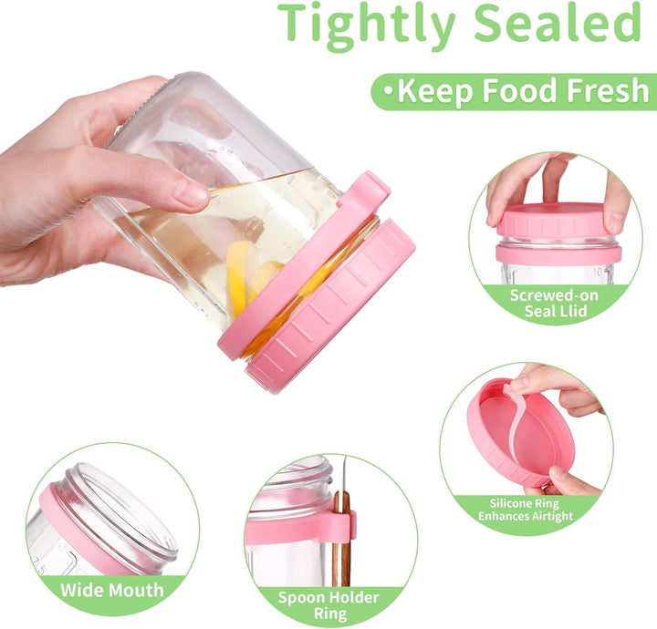 Collazoey 4 Stück Glas Müslibecher to go mit Deckel und Löffel, 400ml Haferbehälter, Overnight Oats