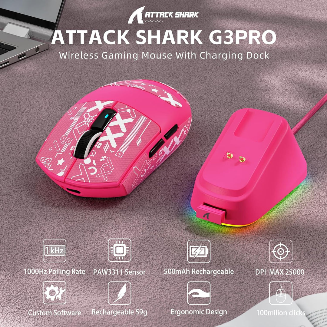 ATTACK SHARK G3PRO Kabellose Gaming-Maus mit Magnetischer Ladestation, PixArt PAW3311-Sensor, Bis zu