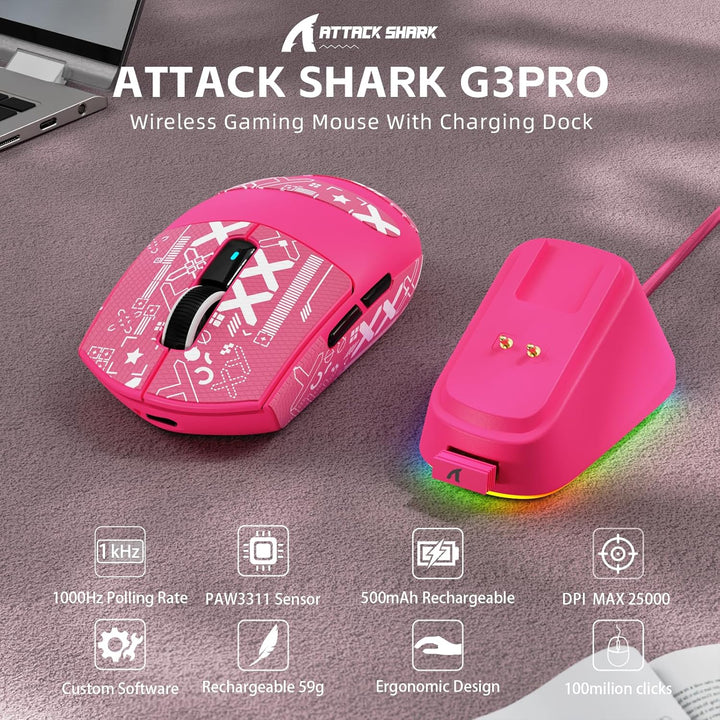 ATTACK SHARK G3PRO Kabellose Gaming-Maus mit Magnetischer Ladestation, PixArt PAW3311-Sensor, Bis zu