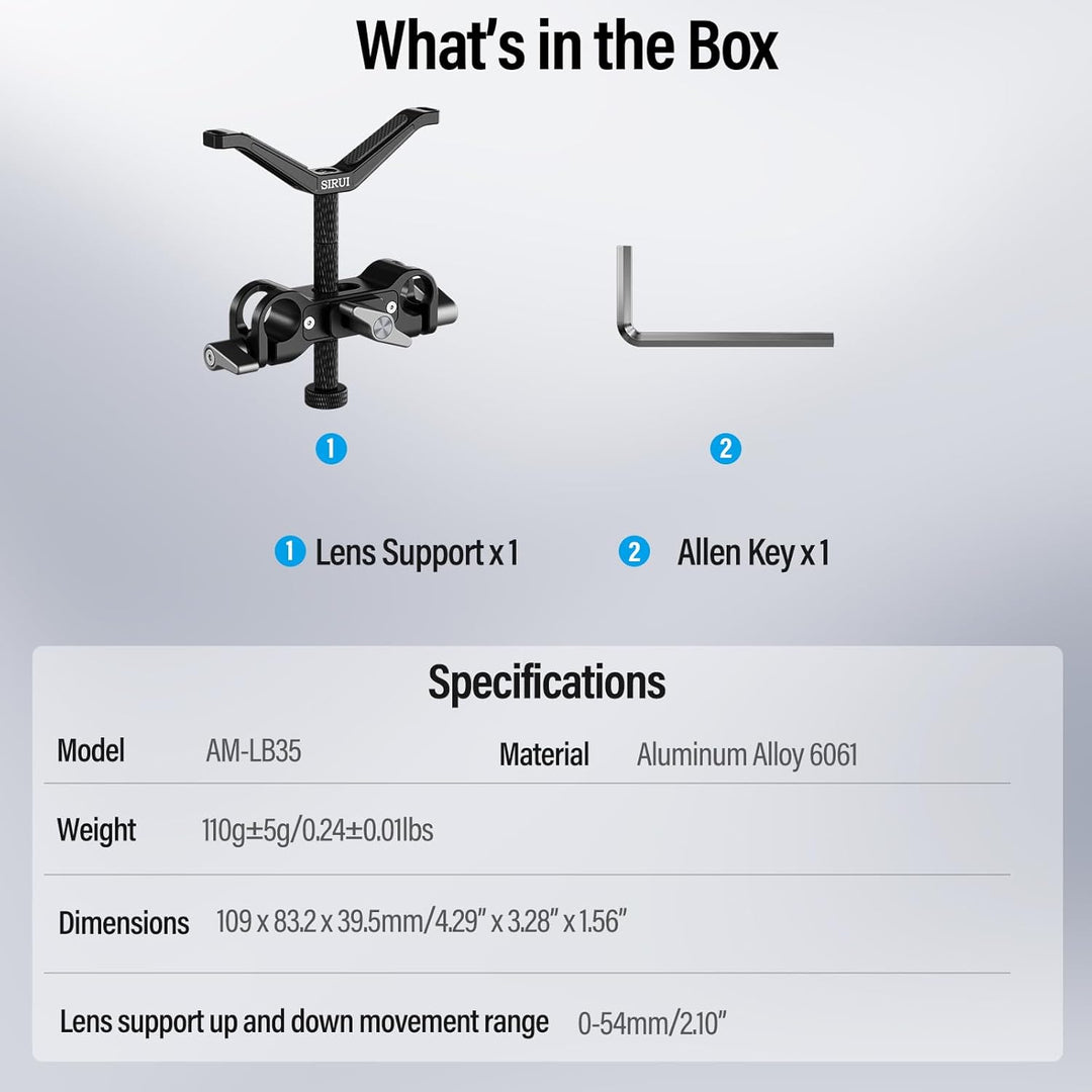 SIRUI AM-LB35 kameraobjektiv Unterstützung Lens Support, universelle 15mm Stangenklemme, 55mm Höhenv