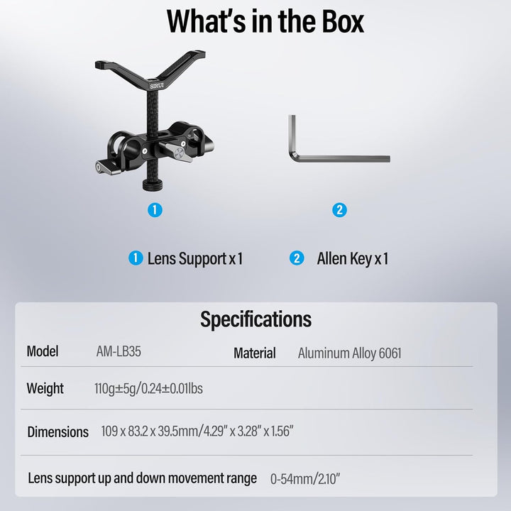 SIRUI AM-LB35 kameraobjektiv Unterstützung Lens Support, universelle 15mm Stangenklemme, 55mm Höhenv