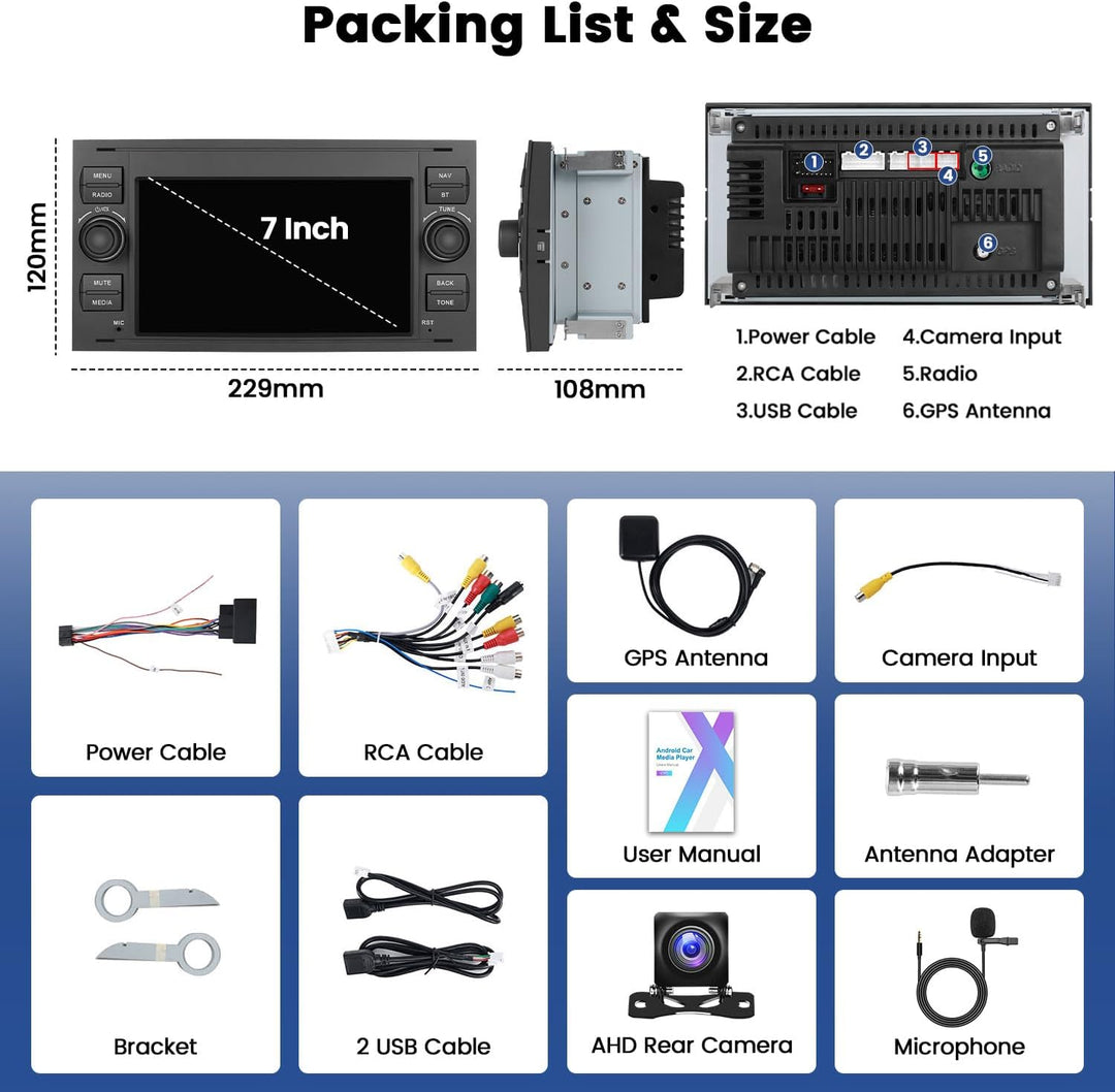 Hikity 2+64G Android Autoradio für Ford Fiesta Focus Kuga Transit Connect Mondeo Smax Wireless Carpl