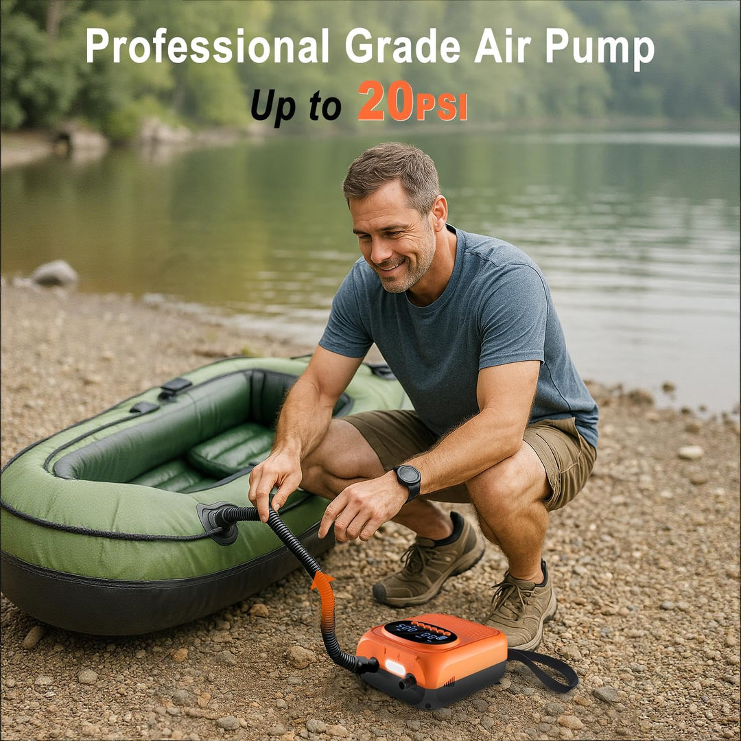 Mojimdo Elektrische SUP Pumpe 20 PSI mit Licht, Kabellos Wiederaufladbar, 5 Modi & Custom Modus, Dua