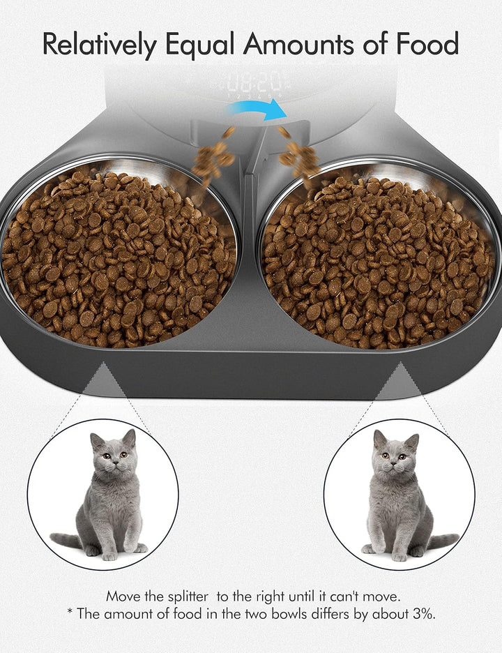 PETLIBRO Haustiernahrung Splitter mit Edelstahlnäpfen, Automatischer Katzenfutterspender für Zwei Ka
