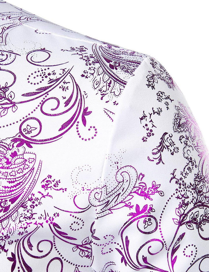 PARKLEES Herren Luxus Paisley Gemustert Golden Glänzend Slim Fit Freizeithemd L Weiss Lila, L Weiss