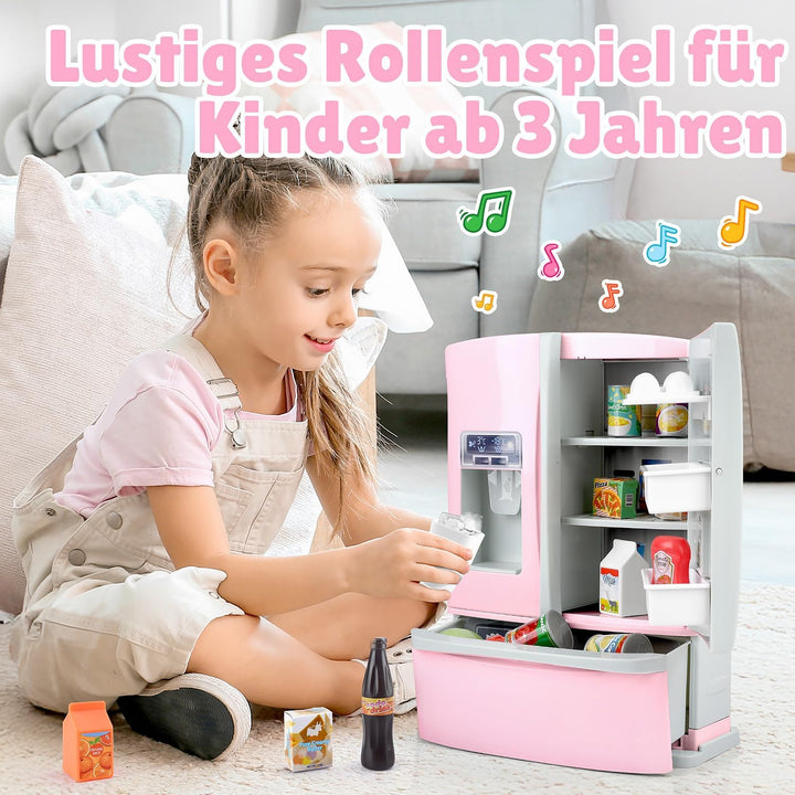 PLAY Küche Kinder Kühlschrank Spielzeug mit Eisspender, Spielküche Zubehör Set mit Kinderkühlschrank