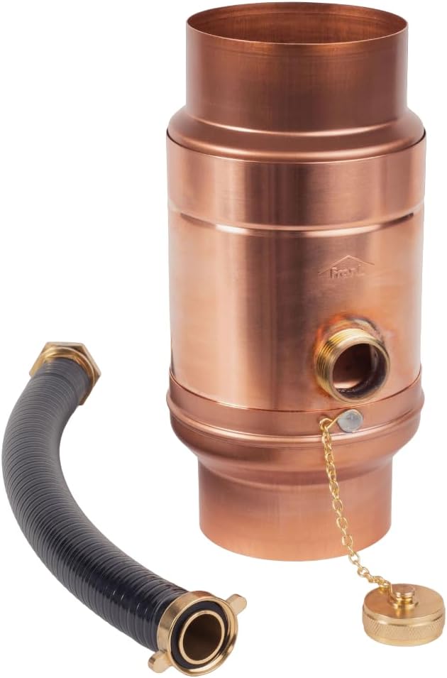 Kupfer Regenwassersammler 80 mm mit Schlauch- und Fassanschluss für das Fallrohr, Regensammler 85% W