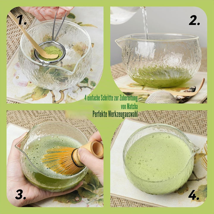 HEI MING Matcha Set hat 8 Teile, Zeremonielles Matcha Tee Set, Glas Matcha Schale und handgemachter