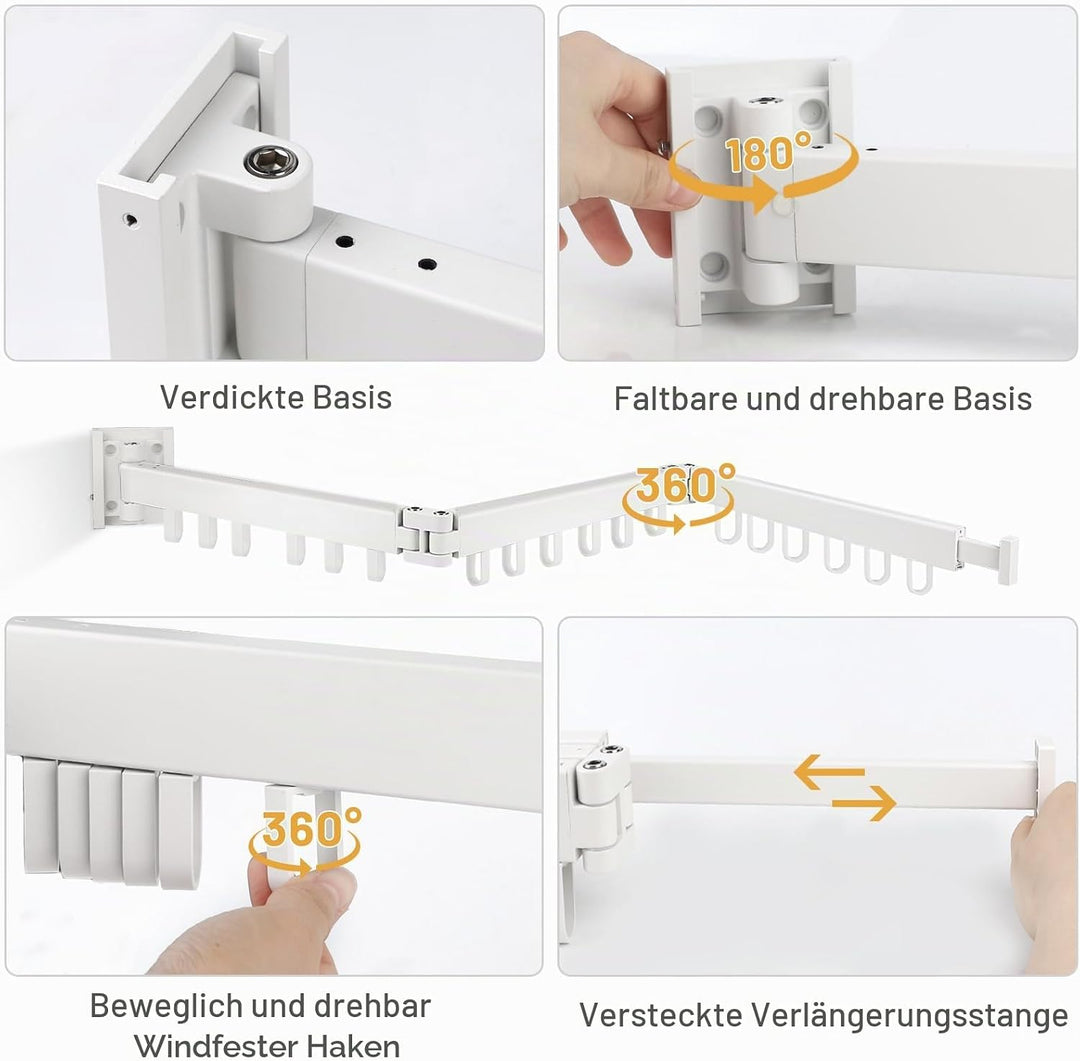 SWAWIS Wäscheständer Wandmontage Kleiderstange 120cm Ausziehbar Klappbar Wäscheständer Kleiderstange