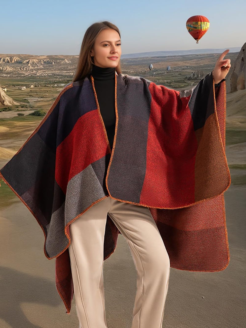 Shmily Girl - Damen Poncho Habe Gestrickt Überdimensionalen Decke Kap-Schal Plaid / Rot, Plaid / Rot