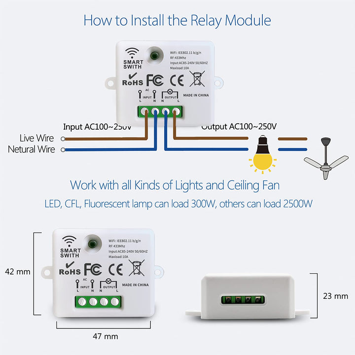 DieseRC Mini Wireless WiFi Switch, 2500W 10A RF Relay Fernbedienungsempfänger, Smart Control per Tel