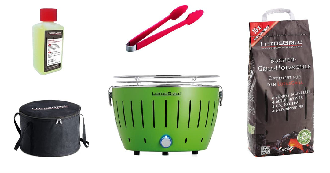 LotusGrill S Small Kompakt Starter-Set Limettengrün der raucharme Holzkohlegrill mit 2,5 kg Buchenho