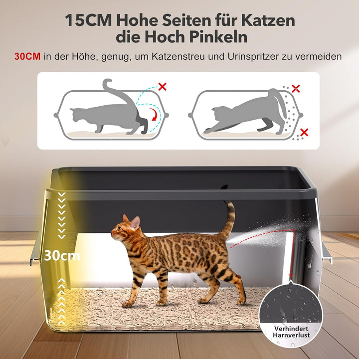 2er Set XXL Katzenklo Edelstahl 60×40×30 cm (37 L) – hoher Rand offene Katzentoilette Edelstahl für