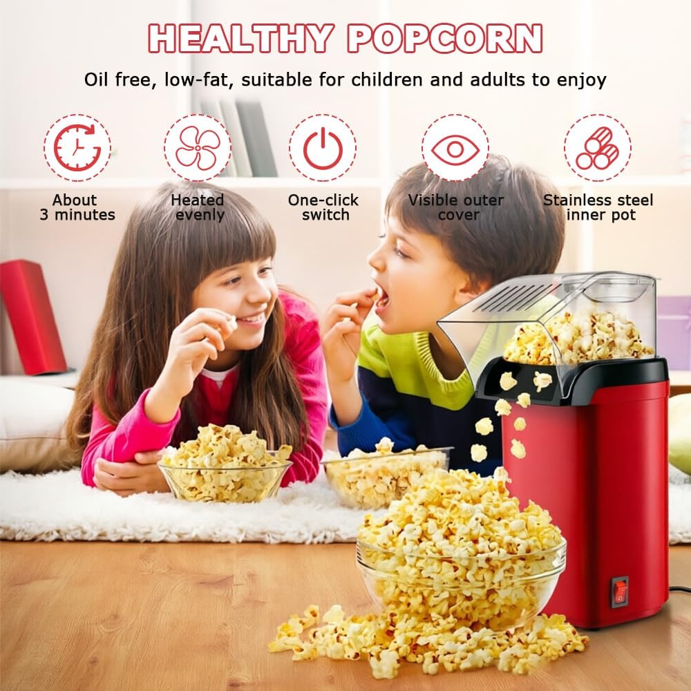 Popcornmaschine Heissluft, 1200w Mini Popcornmaschine mit Messbecher, Transparente Abdeckung Gesund&amp;