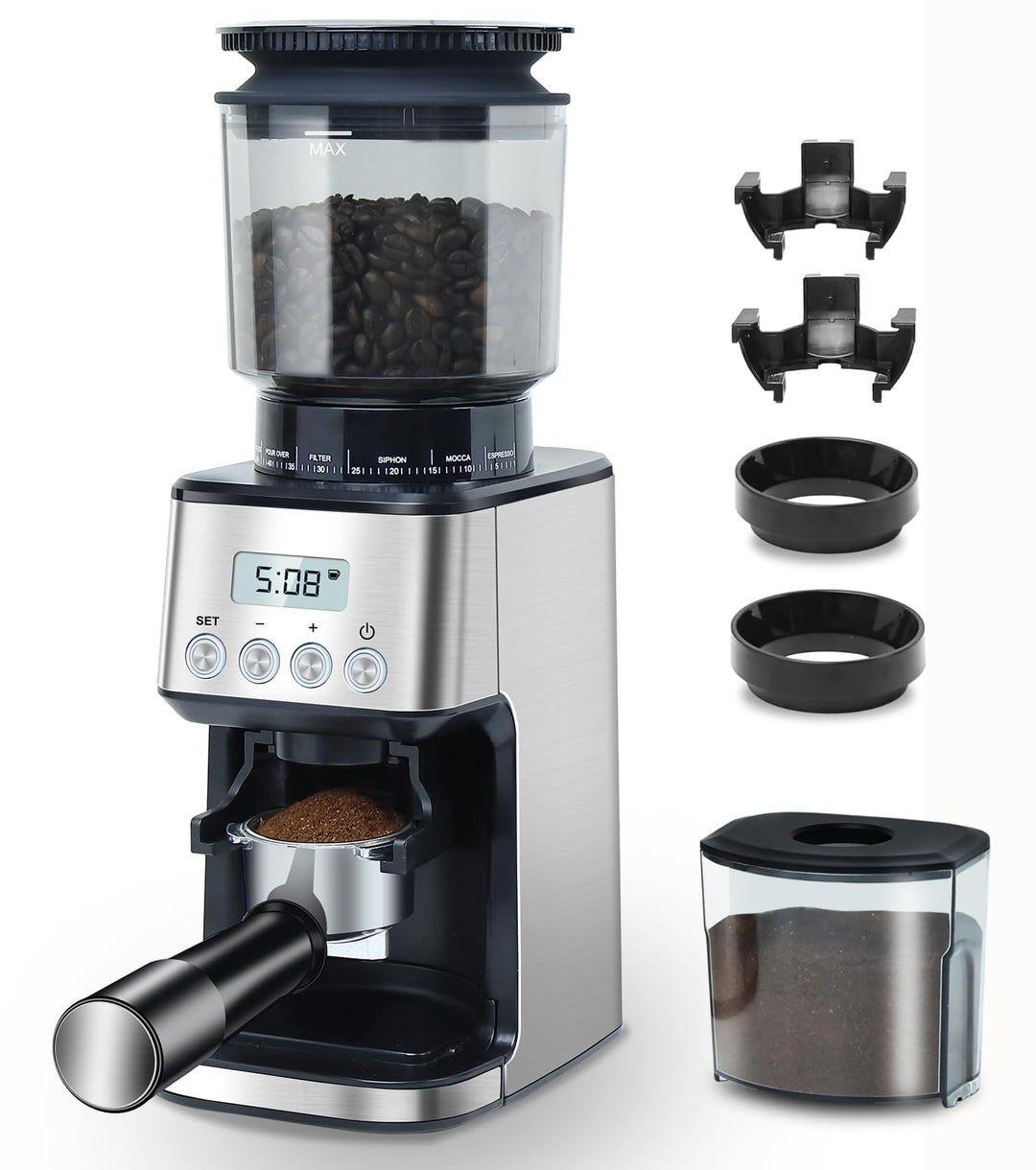 Homtone Kaffeemühle Elektrisch für Siebträger und Behälter, 51 Mahlstufen Kaffeemühle Siebträger Ele