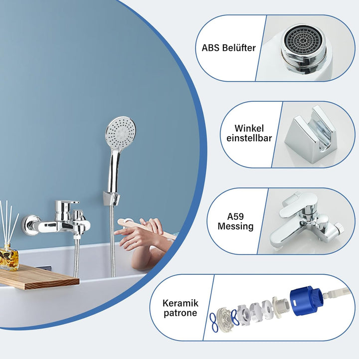 Badewannenarmatur mit Handbrause Mischbatterie Badewanne Wannenarmatur mit Brause Duschkopf 3 Funkti