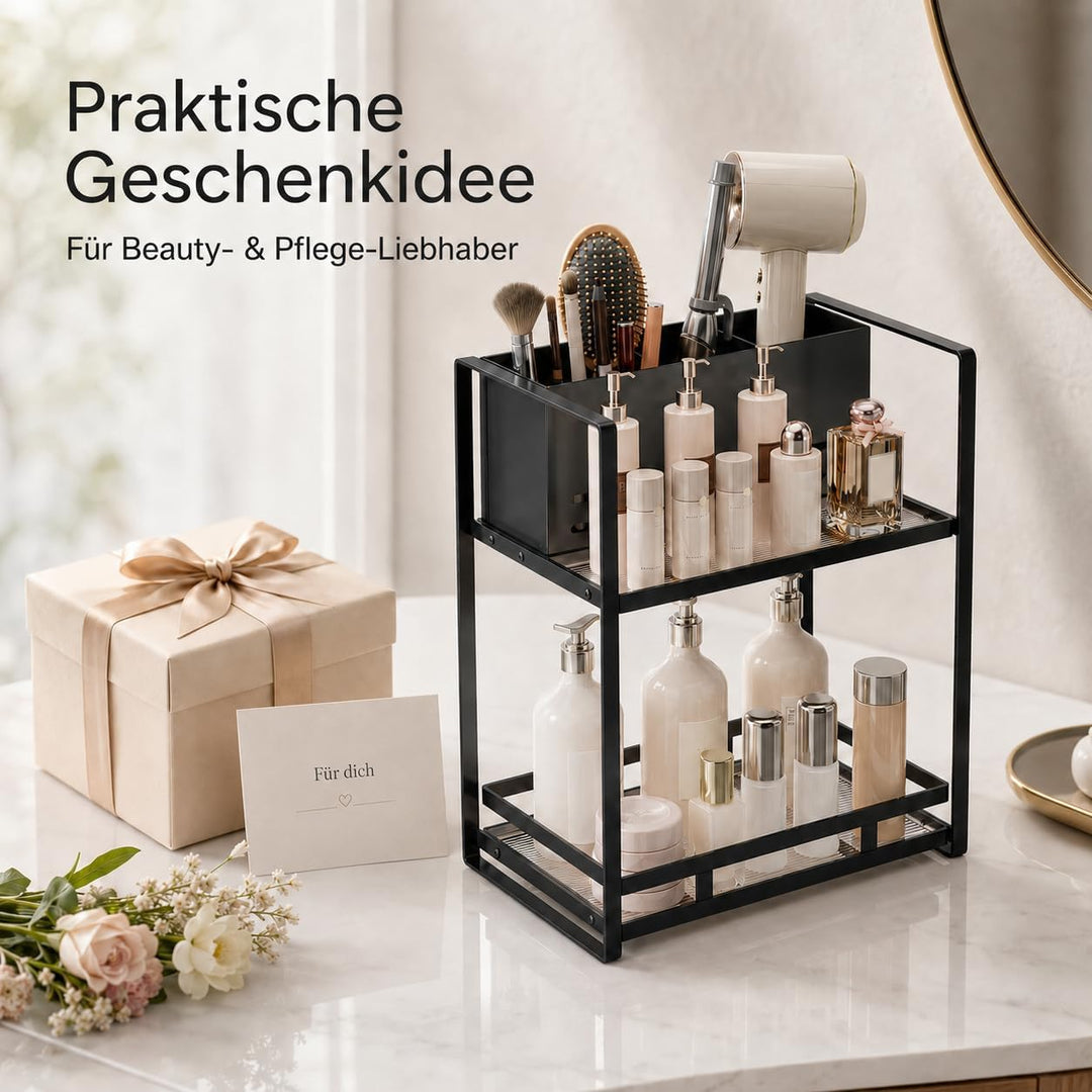 Kosmetik Organizer mit Föhnhalter, 2 Ebenen Badezimmer Organizer aus Metall, Make Up Organizer für S