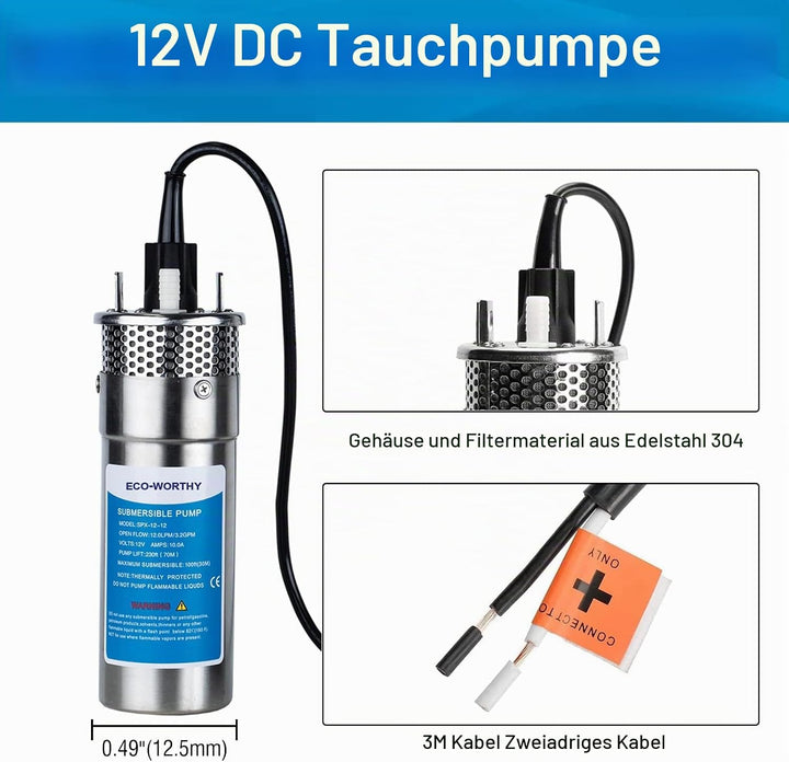 DCHOUSE Edelstahl-Tauchpumpe Flüsterleise Tiefbrunnenpumpe für Teiche, Aquarien, Geflügelbehälter, S