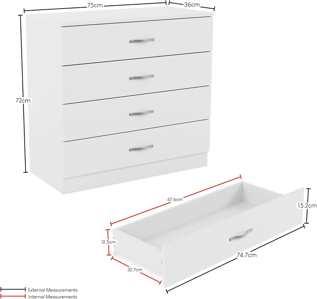 Vida Designs, weisse Kommode mit 4 Schubladen und Metallgriffen, Schlafzimmermöbel, Weiß