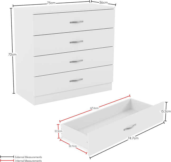 Vida Designs, weisse Kommode mit 4 Schubladen und Metallgriffen, Schlafzimmermöbel, Weiß