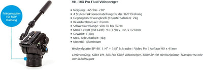 Sirui VH-10X Pro Fluid Videoneiger mit zusätzlicher Friktion für 360° Drehung, Arm verlängerbar, Alu