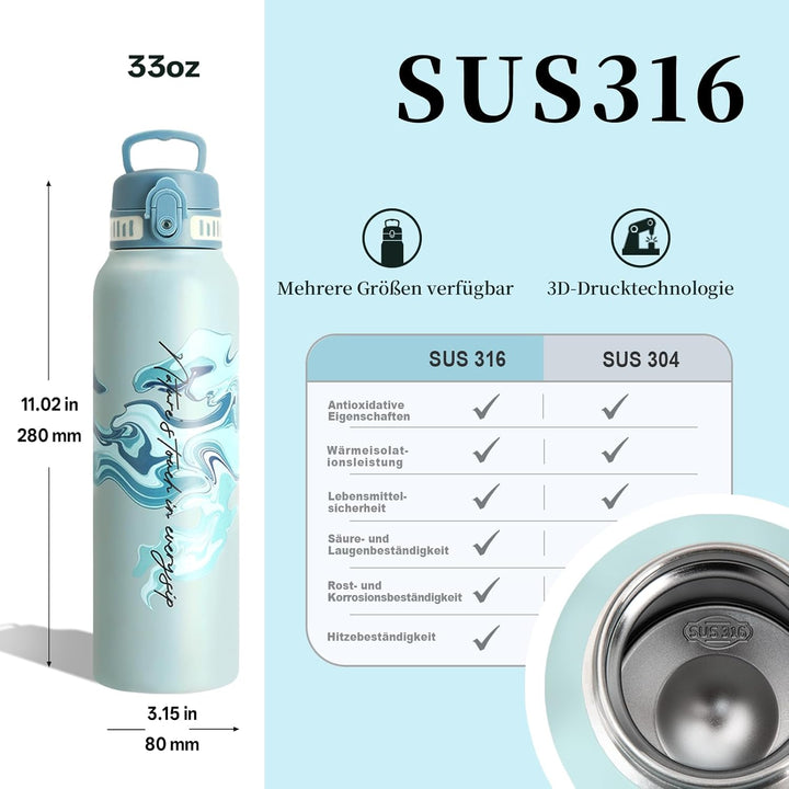 UZSPACE Edelstahl Trinkflasche 1l (970ml), Isolierte Thermosflasche mit 1-Klick-Öffnung, 100% Auslau