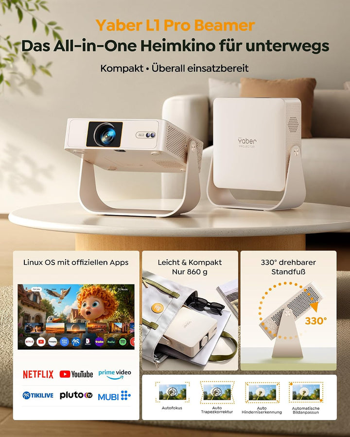 Yaber PROJECTOR Mini Smart Beamer, L1 Pro Native 1080P Tragbarer Projektor Beige, Beige