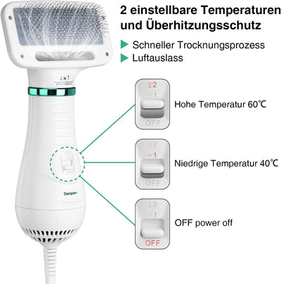 Ownpets Hundefön mit Fellkamm, 2 in 1 Haustier Haartrockner Bürste, Hundetrockner, Temperatur einste