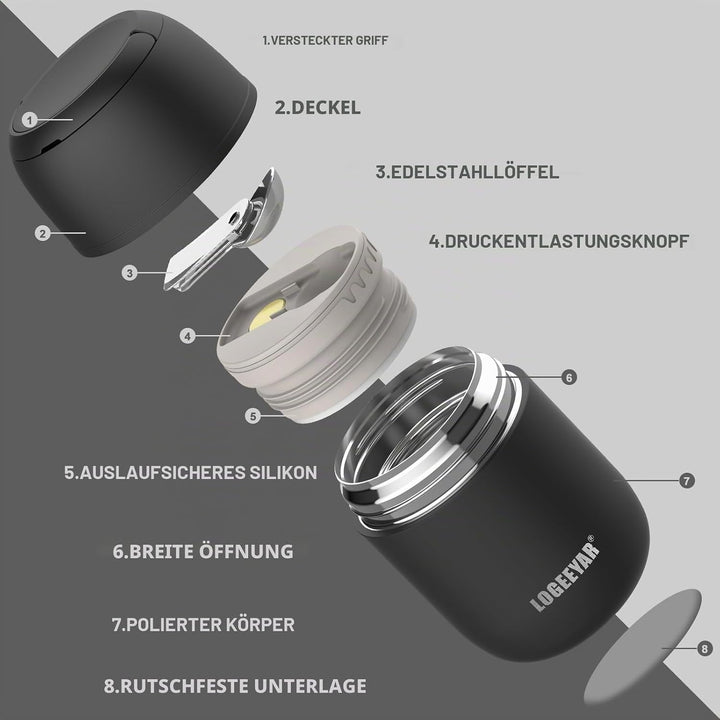 Itslife Thermobehälter für Essen 500ml Thermobehälter Edelstahl Warmhaltebehälter mit faltbaren Löff